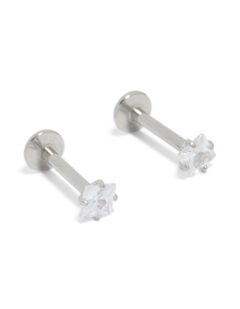 Designed with surgical steel 3 mm cubic zirconia square flat back studs featuring clear stones in a stud closure front view