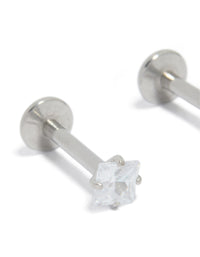 Crafted from surgical steel 3 mm cubic zirconia square flat back studs with clear stones close up view - link has visual effect only