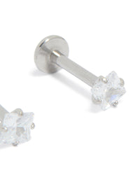 Featuring surgical steel 3 mm cubic zirconia square flat back studs with clear stones and stud closure post detail view - link has visual effect only