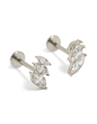 Showcasing surgical steel triple marquise flat back studs featuring cubic zirconia stones in silver and clear front view - link has visual effect only