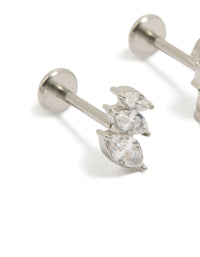 Displaying triple marquise flat back studs crafted from surgical steel with cubic zirconia in silver and clear close up view - link has visual effect only