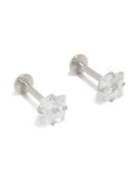 Showcasing 5 MM square cubic zirconia studs crafted from surgical steel with flat back closure front view - link has visual effect only