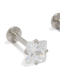 Presenting 5 MM square cubic zirconia studs made from surgical steel featuring flat back closure close up view - link has visual effect only
