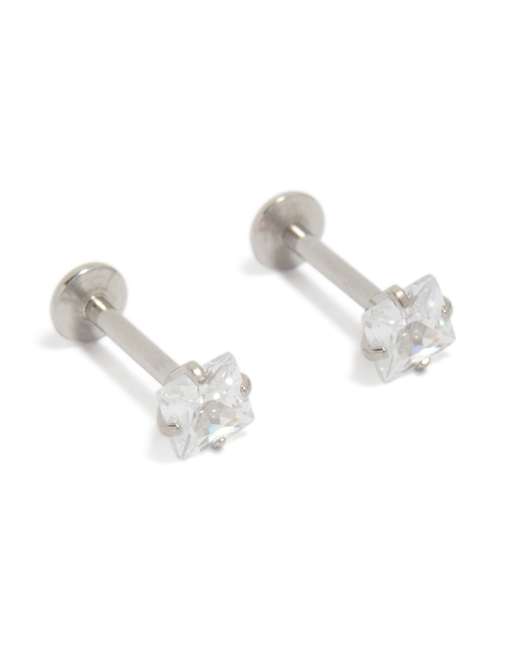 Beautifully crafted 4 MM square cubic zirconia flat back studs in surgical steel front view