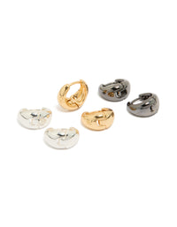Showcasing mixed metal small graduated huggie earrings in a 3-pack with gold and silver plated finishes front view - link has visual effect only