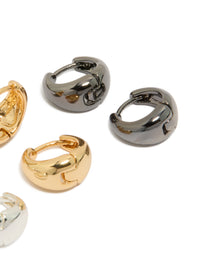 Designed with mixed metal small graduated huggie earrings in a 3-pack featuring gold and silver plated finishes post detail view - link has visual effect only