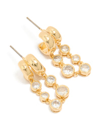 Showcasing gold plated cubic zirconia bezel double hoop drop earrings front view - link has visual effect only