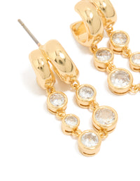 Featuring gold plated cubic zirconia bezel double hoop drop earrings close up view - link has visual effect only