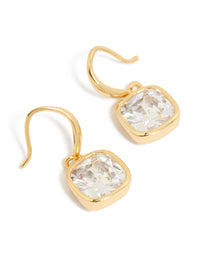 Showcasing square hook earrings featuring cubic zirconia stones in a gold plated finish front view - link has visual effect only