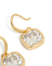 Highlighting square hook earrings featuring cubic zirconia in gold plated metal post detail view - link has visual effect only