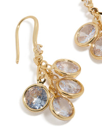 Displaying gold plated cubic zirconia cluster drop hook earrings with intricate detail close up view - link has visual effect only