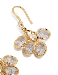 Highlighting gold plated cubic zirconia cluster drop hook earrings with clear stone settings post detail view - link has visual effect only