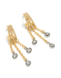 Showcasing mixed metal plated cubic zirconia illusion hoop chain drop earrings with statement style in gold, silver, and clear tones front view - link has visual effect only