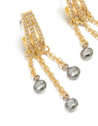 Featuring mixed metal plated cubic zirconia illusion hoop chain drop earrings with statement design in gold, silver, and clear tones close up view - link has visual effect only