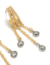 Crafted from mixed metal with plated cubic zirconia illusion hoop chain drop earrings featuring statement styling in gold, silver, and clear tones post detail view - link has visual effect only