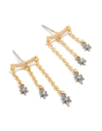 Showcasing mixed metal plated cubic zirconia star chain earrings with charm and celestial accents in gold, silver, and clear tones front view - link has visual effect only