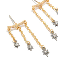 Featuring mixed metal plated cubic zirconia star chain earrings with charm and celestial details in gold, silver, and clear tones close up view - link has visual effect only