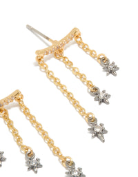 Crafted from mixed metal plated cubic zirconia star chain earrings with charm and celestial design in gold, silver, and clear tones post detail view - link has visual effect only