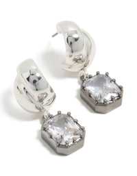 Featuring silver and gunmetal plated cubic zirconia square drop earrings with statement style front view - link has visual effect only