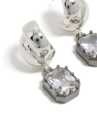 Highlighting silver and gunmetal plated cubic zirconia square drop earrings with statement style close up view - link has visual effect only