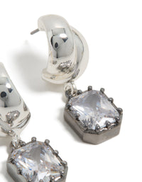 Designed with silver and gunmetal plated cubic zirconia square drop earrings featuring statement style post detail view - link has visual effect only