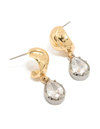 Showcasing mixed metal plated cubic zirconia knot teardrop earrings in gold and silver finish with clear stones front view - link has visual effect only