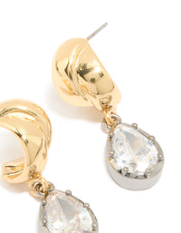 Crafted mixed metal plated cubic zirconia knot teardrop earrings displaying fastening mechanism post detail view - link has visual effect only