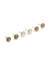 Beautifully crafted gold plated cubic zirconia circle stud earrings in a 3-pack with crystal featuring stud closure front view - link has visual effect only