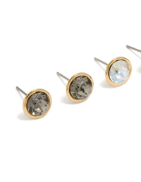 Showcasing gold plated cubic zirconia circle stud earrings in a 3-pack with crystal featuring stud closure close up view - link has visual effect only