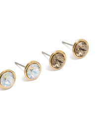 Elegantly designed gold plated cubic zirconia circle stud earrings in a 3-pack with crystal featuring stud closure post detail view - link has visual effect only