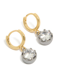 Discover mixed metal plated cubic zirconia huggie drop earrings featuring gold and silver tones front view - link has visual effect only