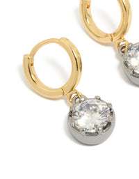 Beautifully crafted mixed metal plated cubic zirconia huggie drop earrings featuring gold and silver tones close up view - link has visual effect only
