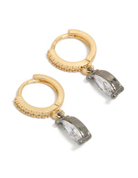 Beautifully crafted mixed metal plated cubic zirconia oval huggie drop earrings in gold, silver, and clear tones front view - link has visual effect only