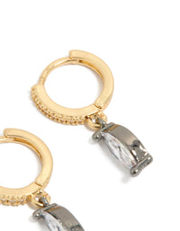 Stunning mixed metal plated cubic zirconia oval huggie drop earrings featuring gold, silver, and clear tones post detail view - link has visual effect only
