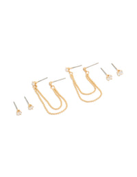 Showcasing a gold plated statement double layered chain and stud earrings set featuring beads, cubic zirconia, and crystal with stud closure, 3-pack front view - link has visual effect only