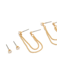 Crafted from gold plated metal with double layered beaded chains, cubic zirconia, crystal details, this statement 3-pack earring set offers close up view - link has visual effect only