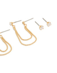 Designed with gold plated cubic zirconia, this double layered chain features beads, and stud closure in statement style, 3-pack post detail view - link has visual effect only
