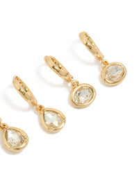 Designed with gold plated cubic zirconia large bezel set studs and huggie earrings in a 3-pack post detail view - link has visual effect only
