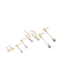 Discover mixed metal plated cubic zirconia cluster chain and stud earrings in a 4-pack featuring celestial star with gold and silver colors front view - link has visual effect only