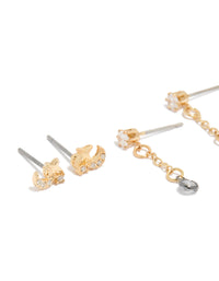 Explore mixed metal plated cubic zirconia cluster chain and stud earrings in a 4-pack featuring celestial star with gold and silver colors close up view - link has visual effect only