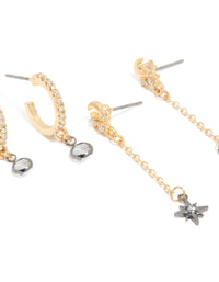 Explore mixed metal plated cubic zirconia cluster chain and stud earrings in a 4-pack featuring celestial star with gold and silver colors close up view - link has visual effect only
