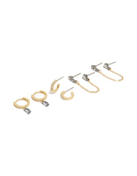 Showcasing gold plated cubic zirconia chain and huggie earrings 3-pack with crystal accents front view - link has visual effect only
