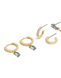 Explore gold plated cubic zirconia chain and huggie earrings 3-pack featuring crystal accents close up view - link has visual effect only