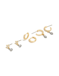 Explore mixed metal plated cubic zirconia bezel stud and huggie earrings in a 3-pack with gold, silver, and clear tones front view - link has visual effect only