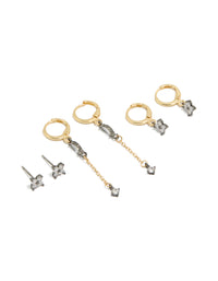 Discover mixed metal plated flower chain and huggie earrings featuring cubic zirconia in a 3-pack set front view - link has visual effect only