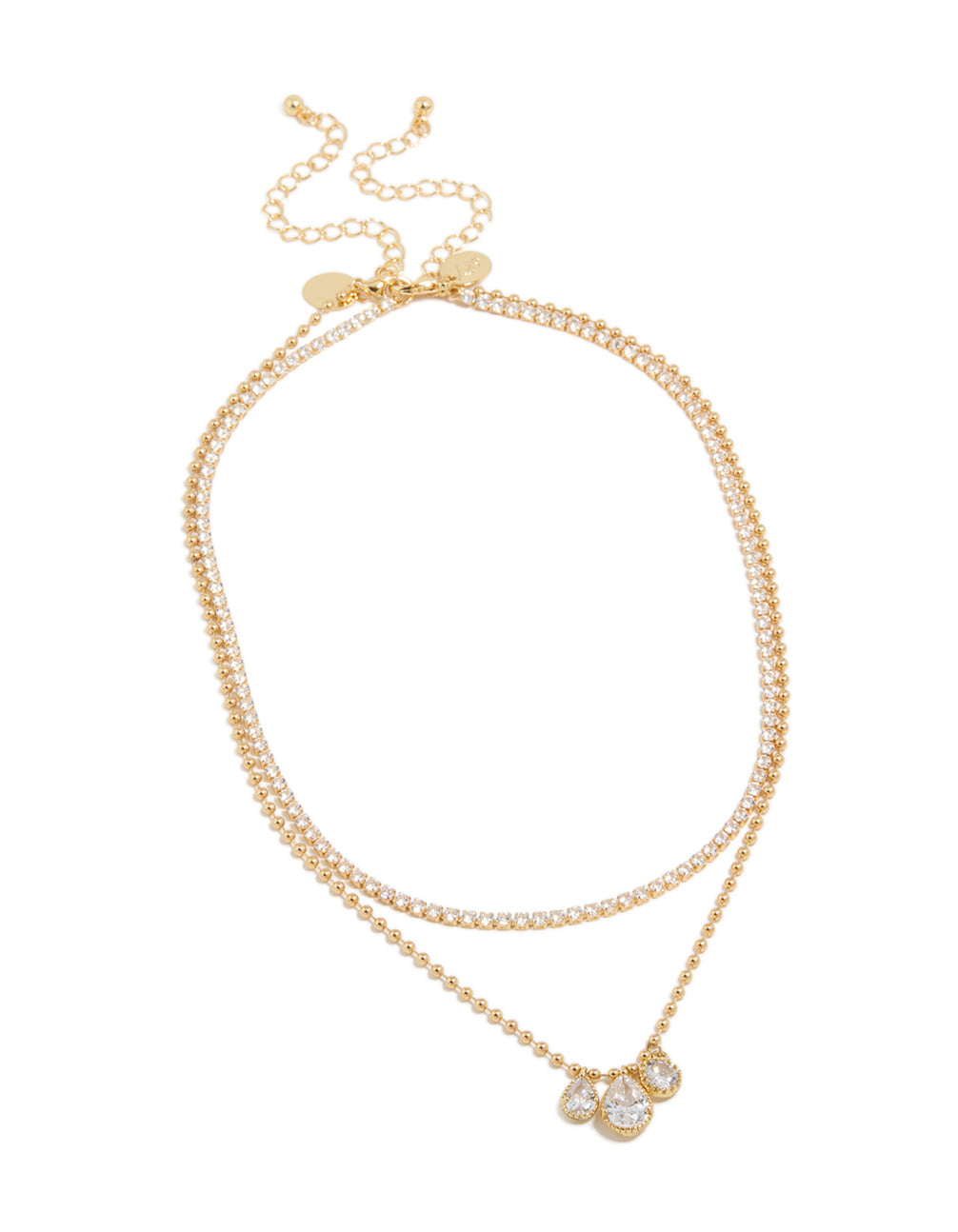 Stunning gold plated cubic zirconia tennis and droplets layered necklace featuring balls front view