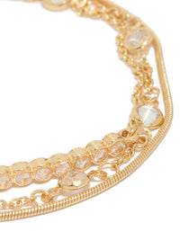 Showcasing gold plated cubic zirconia bezel stone bracelets in a 3-pack close up view - link has visual effect only