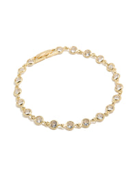Showcasing a gold plated bezel cubic zirconia tennis bracelet front view - link has visual effect only
