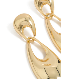 Designed with gold plated material, these elongated oval drop earrings highlight surface texture and connecting hardware close up view - link has visual effect only