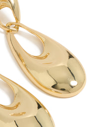 These elongated oval drop earrings in gold plated material reveal polished surface and reflective finish close up view - link has visual effect only